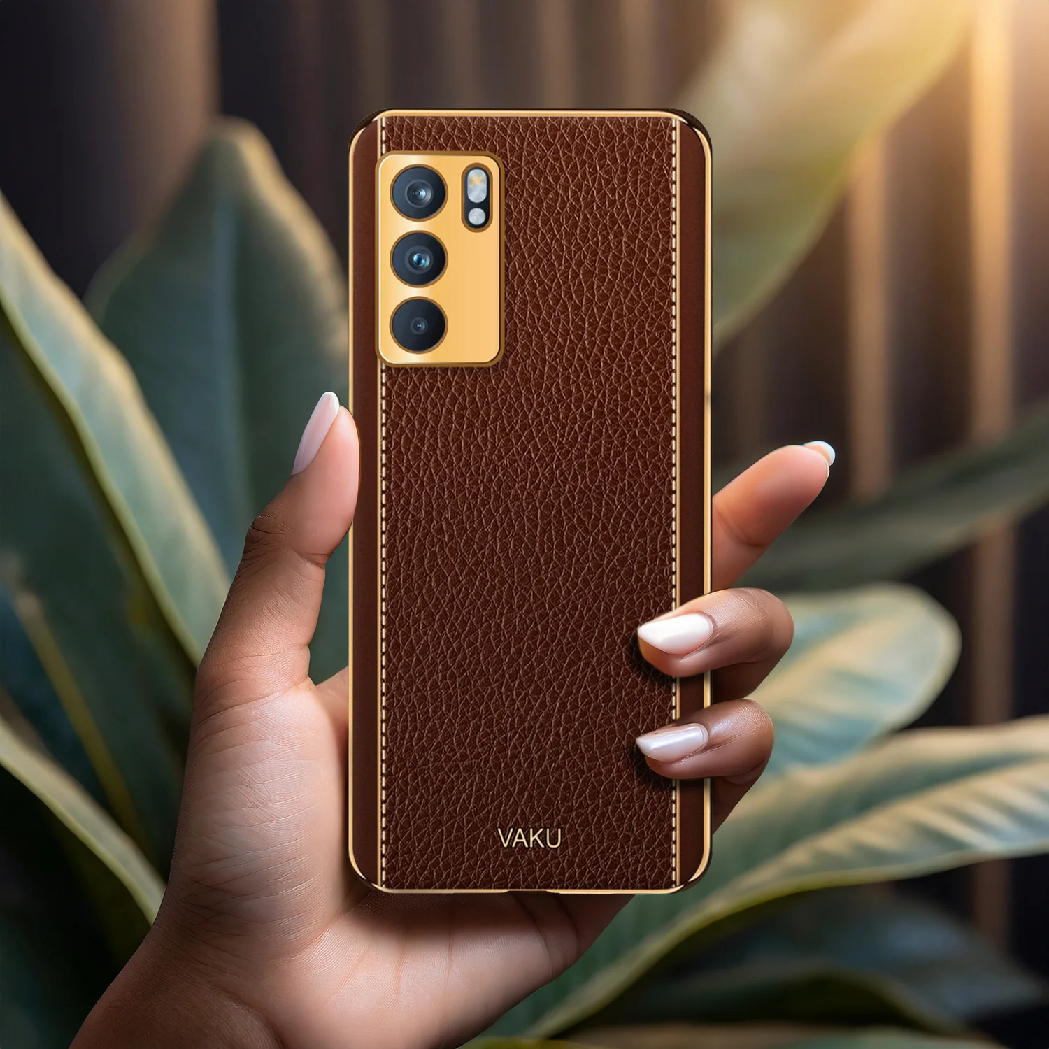 Vaku® Oppo Reno6 5G Luxemberg Series Leather Stitched Gold Electroplated Soft TPU Back Cover - Image 16