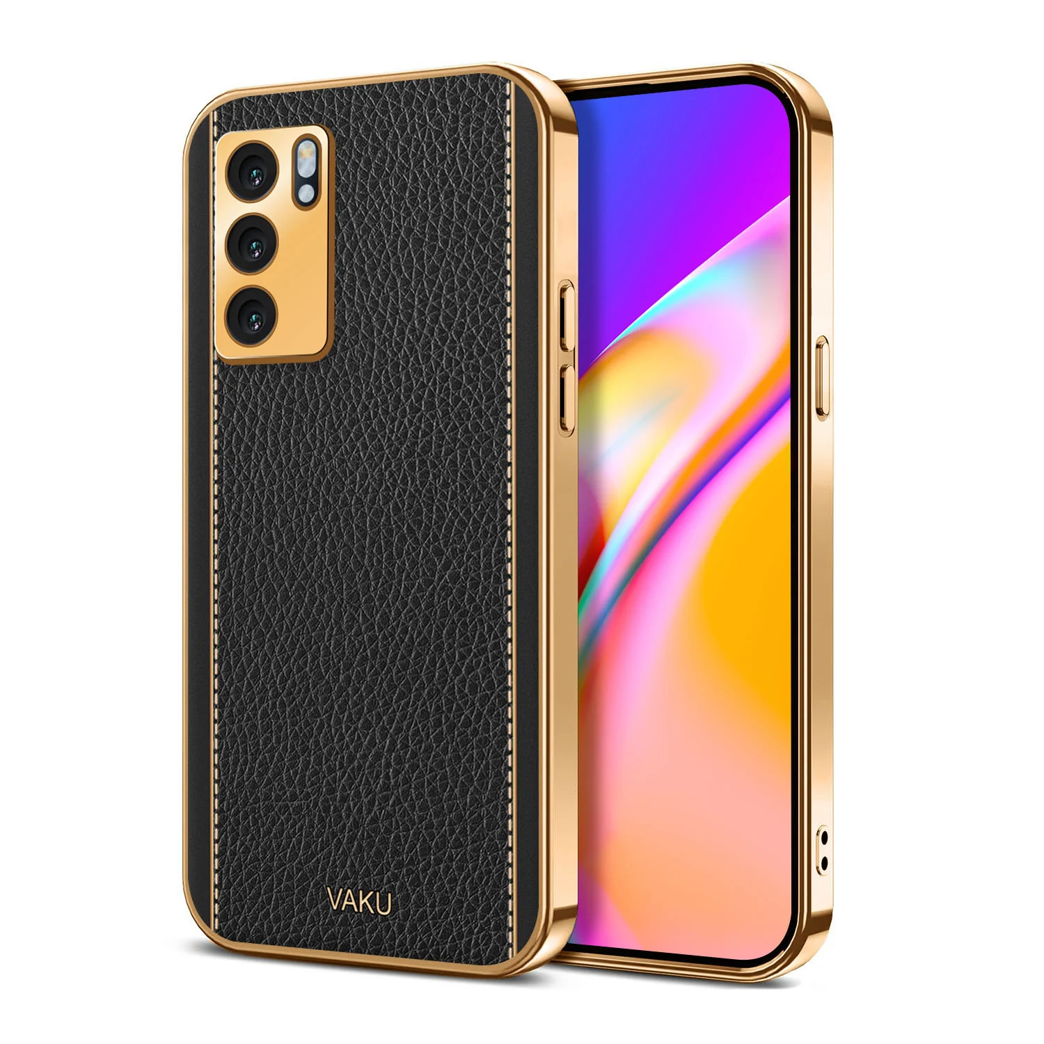 Vaku® Oppo Reno6 5G Luxemberg Series Leather Stitched Gold Electroplated Soft TPU Back Cover - Image 6