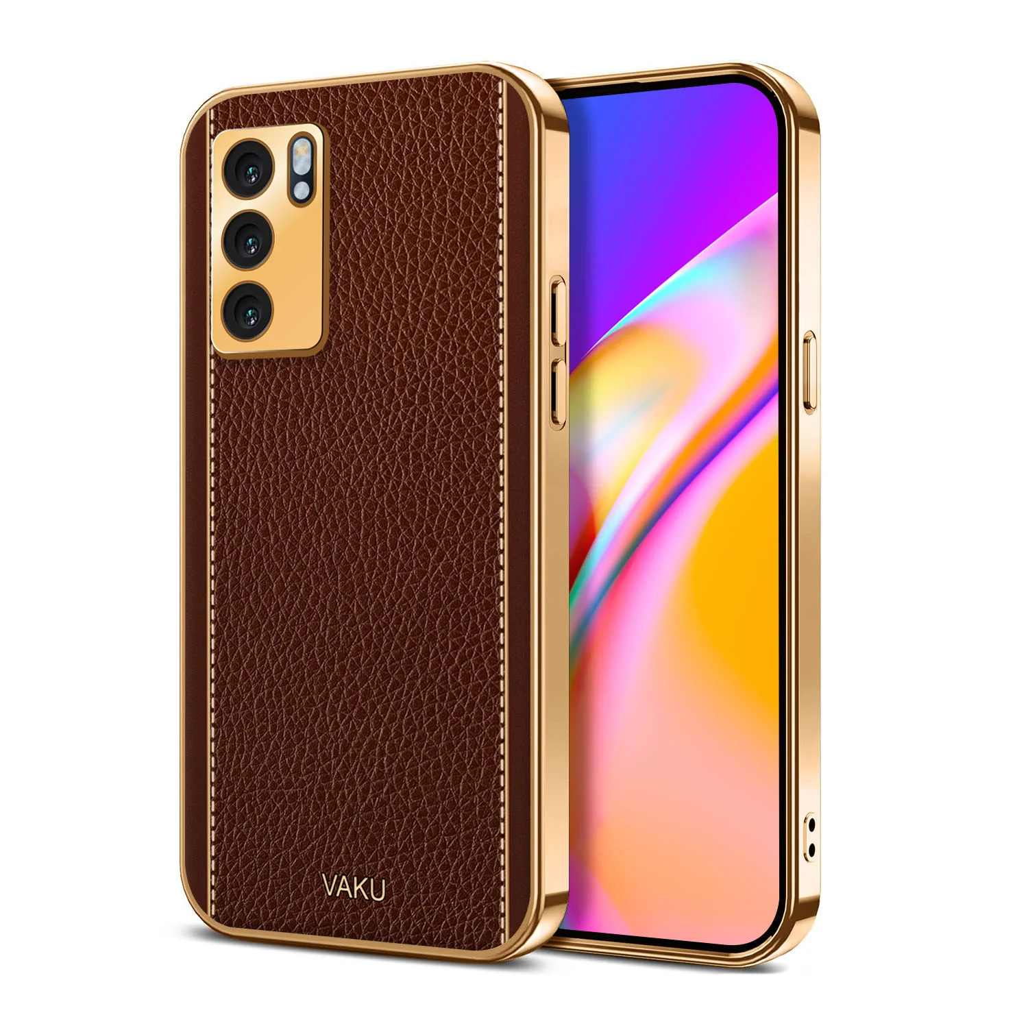 Vaku® Oppo Reno6 5G Luxemberg Series Leather Stitched Gold Electroplated Soft TPU Back Cover - Image 7