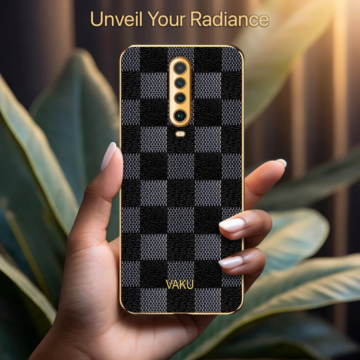 Vaku® POCO X2 Cheron Series Leather Stitched Gold Electroplated Soft TPU Back Cover - Image 7