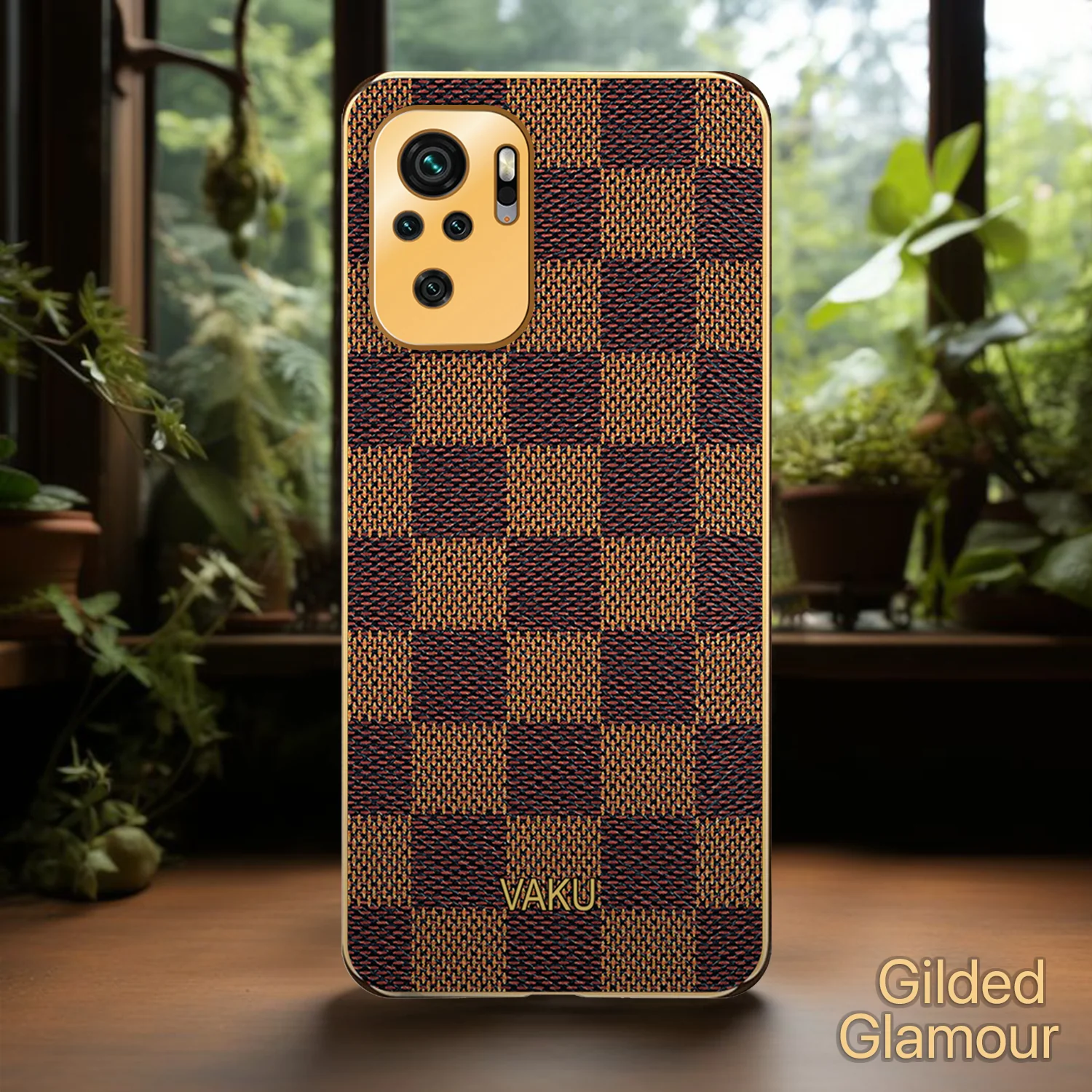 Vaku® Redmi Note 10 Cheron Series Leather Stitched Gold Electroplated Soft TPU Back Cover - Image 4