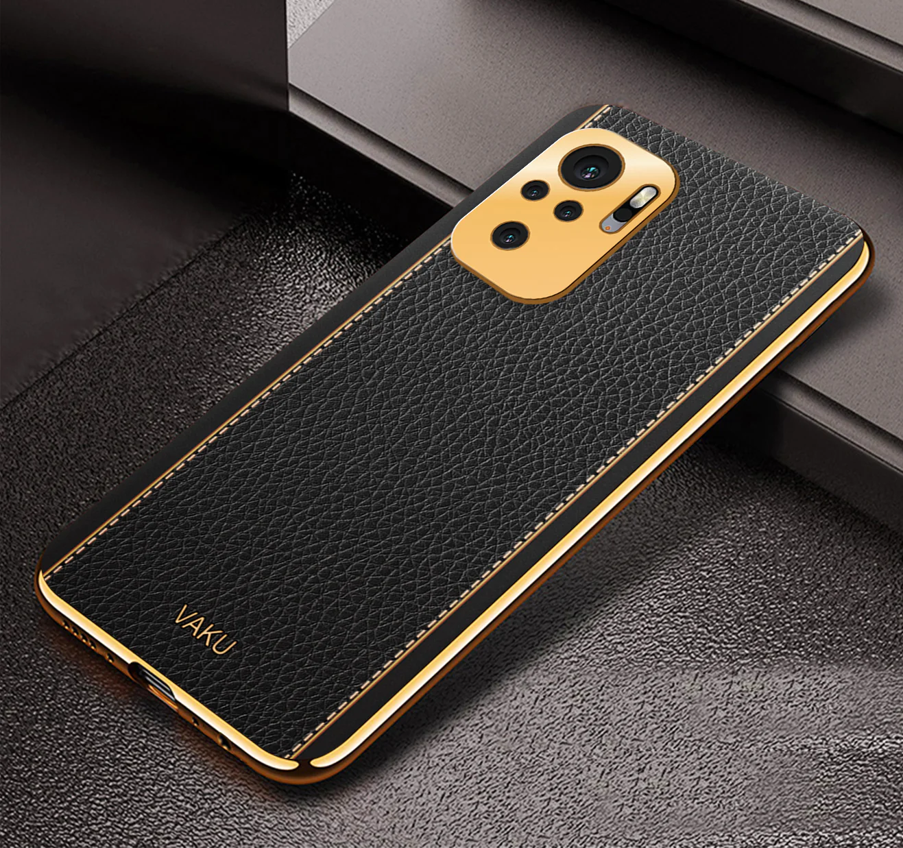 Vaku® Redmi Note 10 Luxemberg Series Leather Stitched Gold Electroplated Soft TPU Back Cover - Image 5
