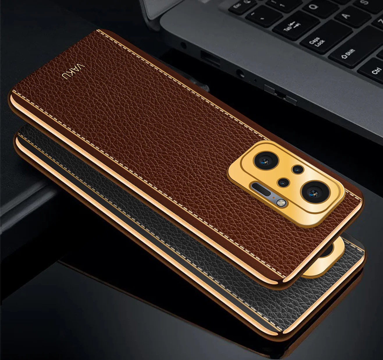 Vaku® Redmi Note 10 Pro Luxemberg Series Leather Stitched Gold Electroplated Soft TPU Back Cover - Image 3