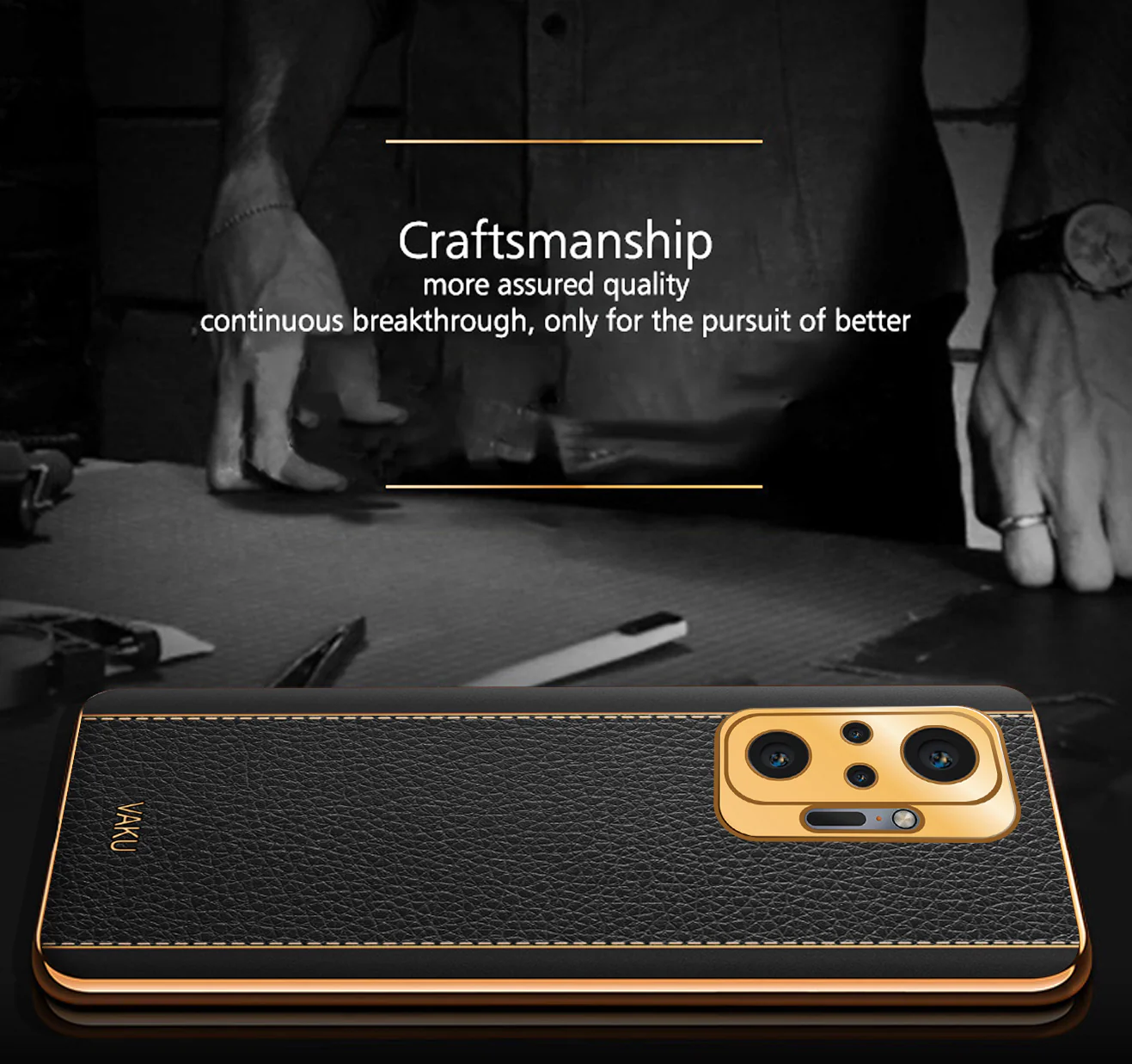 Vaku® Redmi Note 10 Pro Luxemberg Series Leather Stitched Gold Electroplated Soft TPU Back Cover - Image 4