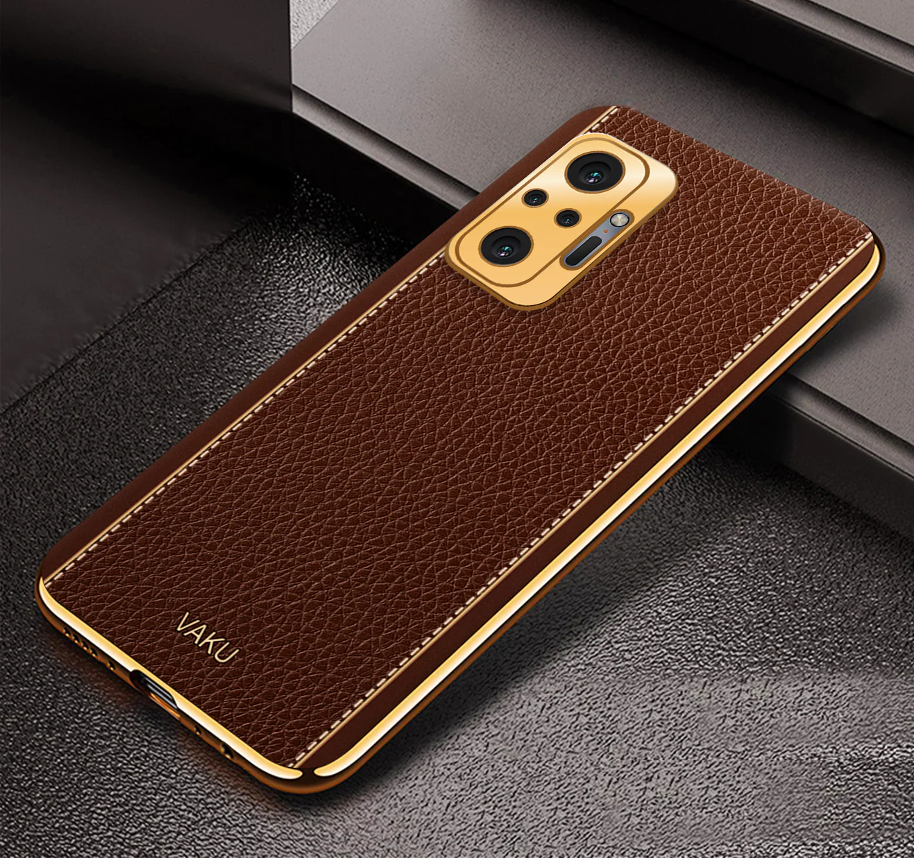 Vaku® Redmi Note 10 Pro Luxemberg Series Leather Stitched Gold Electroplated Soft TPU Back Cover - Image 7