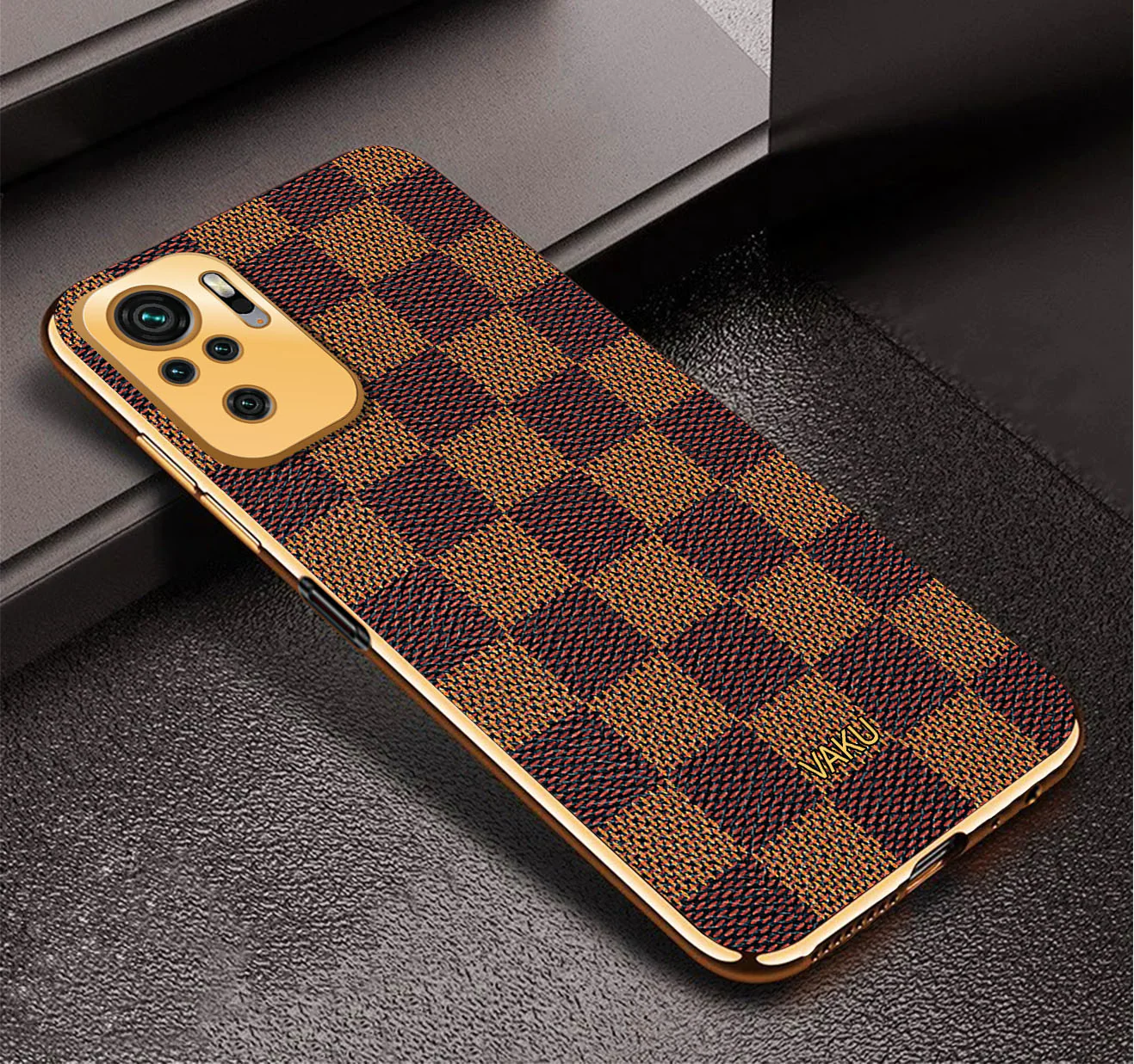 Vaku® Redmi Note 10S Cheron Series Leather Stitched Gold Electroplated Soft TPU Back Cover - Image 3