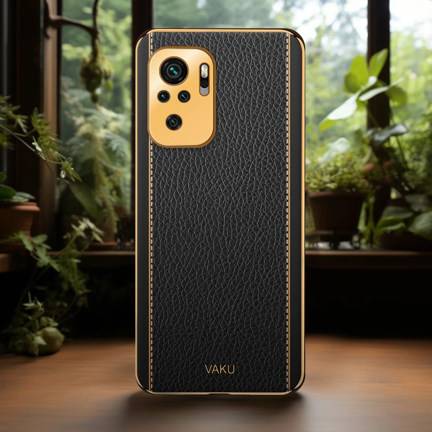 Vaku® Redmi Note 10S Luxemberg Series Leather Stitched Gold Electroplated Soft TPU Back Cover - Image 12