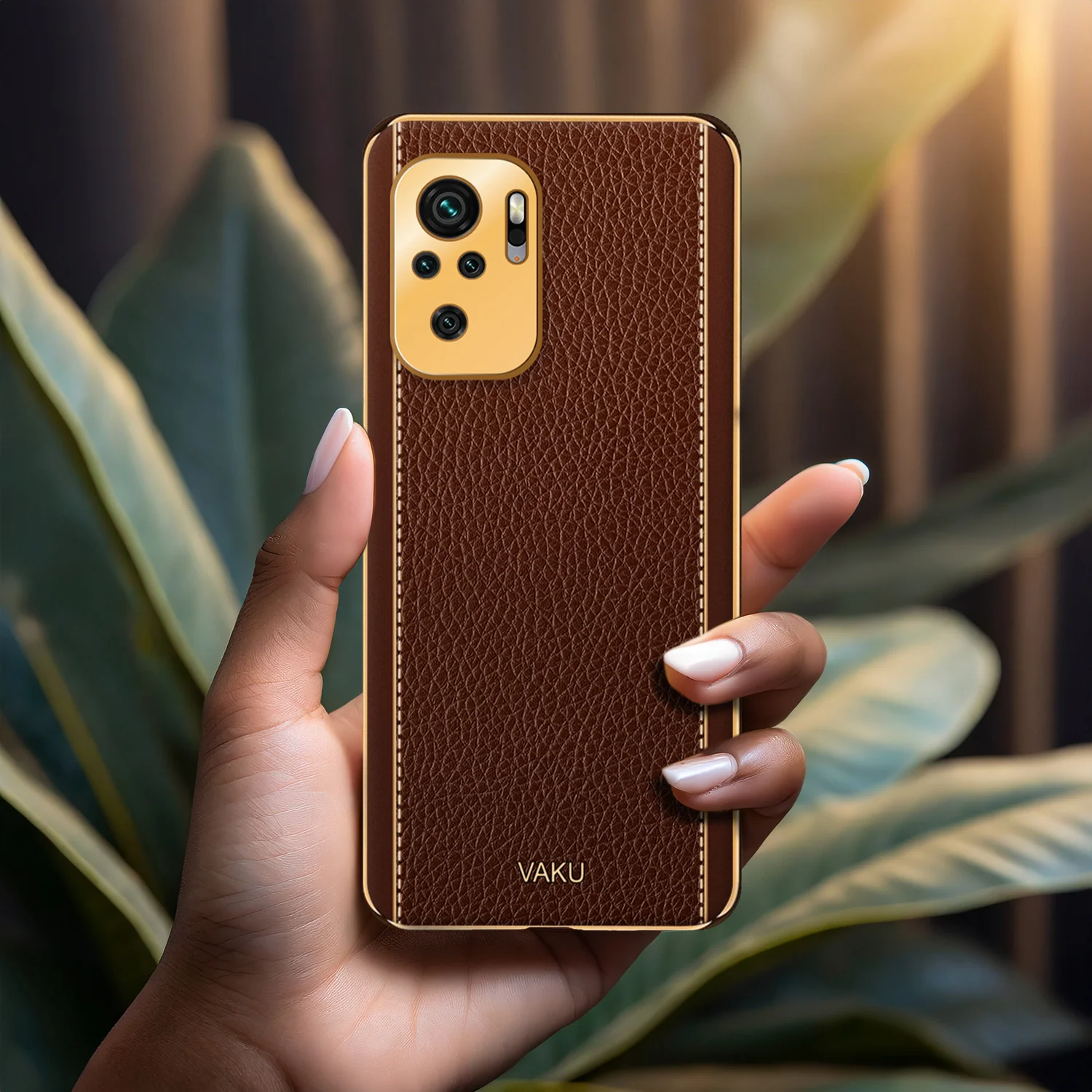 Vaku® Redmi Note 10S Luxemberg Series Leather Stitched Gold Electroplated Soft TPU Back Cover - Image 16