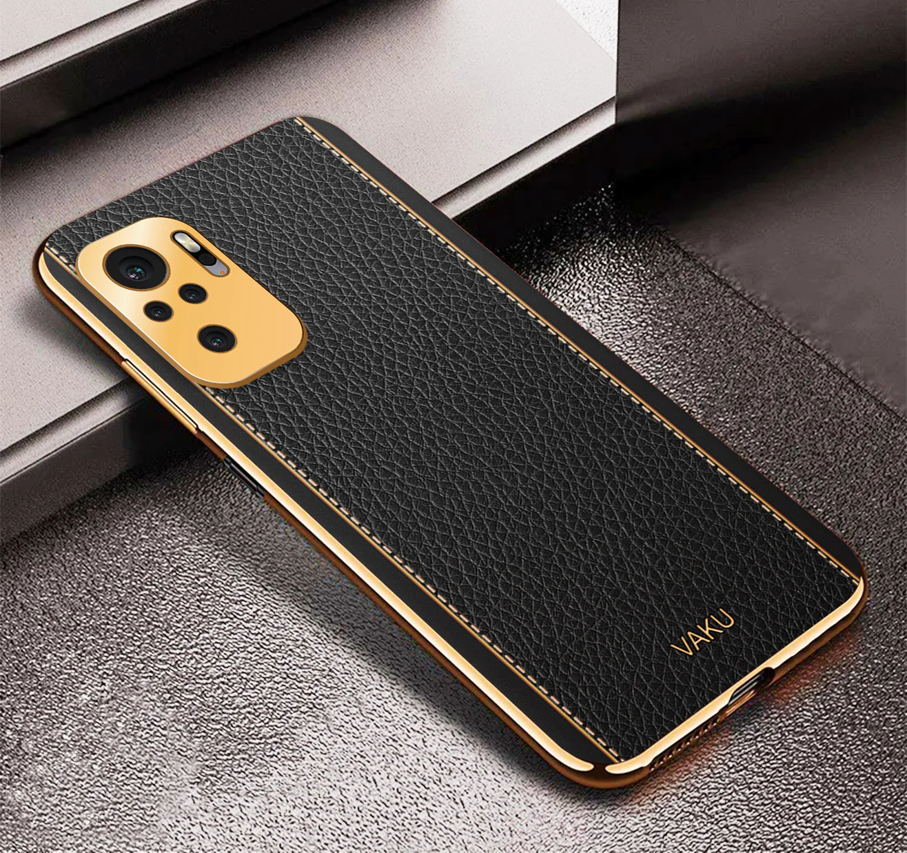 Vaku® Redmi Note 10S Luxemberg Series Leather Stitched Gold Electroplated Soft TPU Back Cover - Image 3