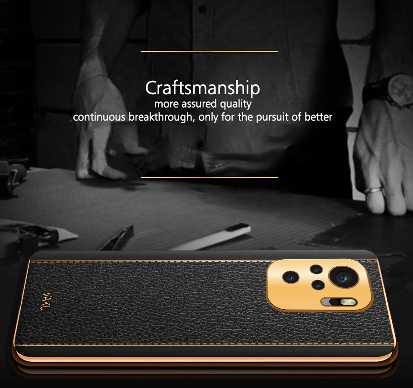 Vaku® Redmi Note 10S Luxemberg Series Leather Stitched Gold Electroplated Soft TPU Back Cover - Image 4