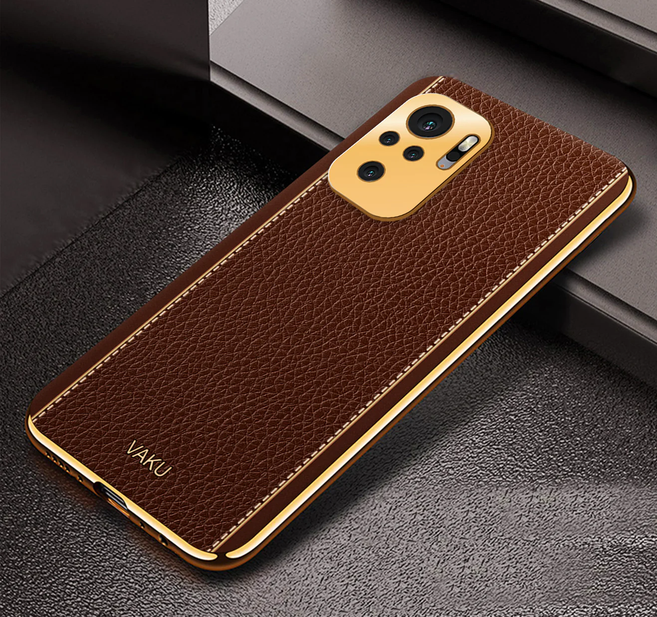 Vaku® Redmi Note 10S Luxemberg Series Leather Stitched Gold Electroplated Soft TPU Back Cover - Image 7