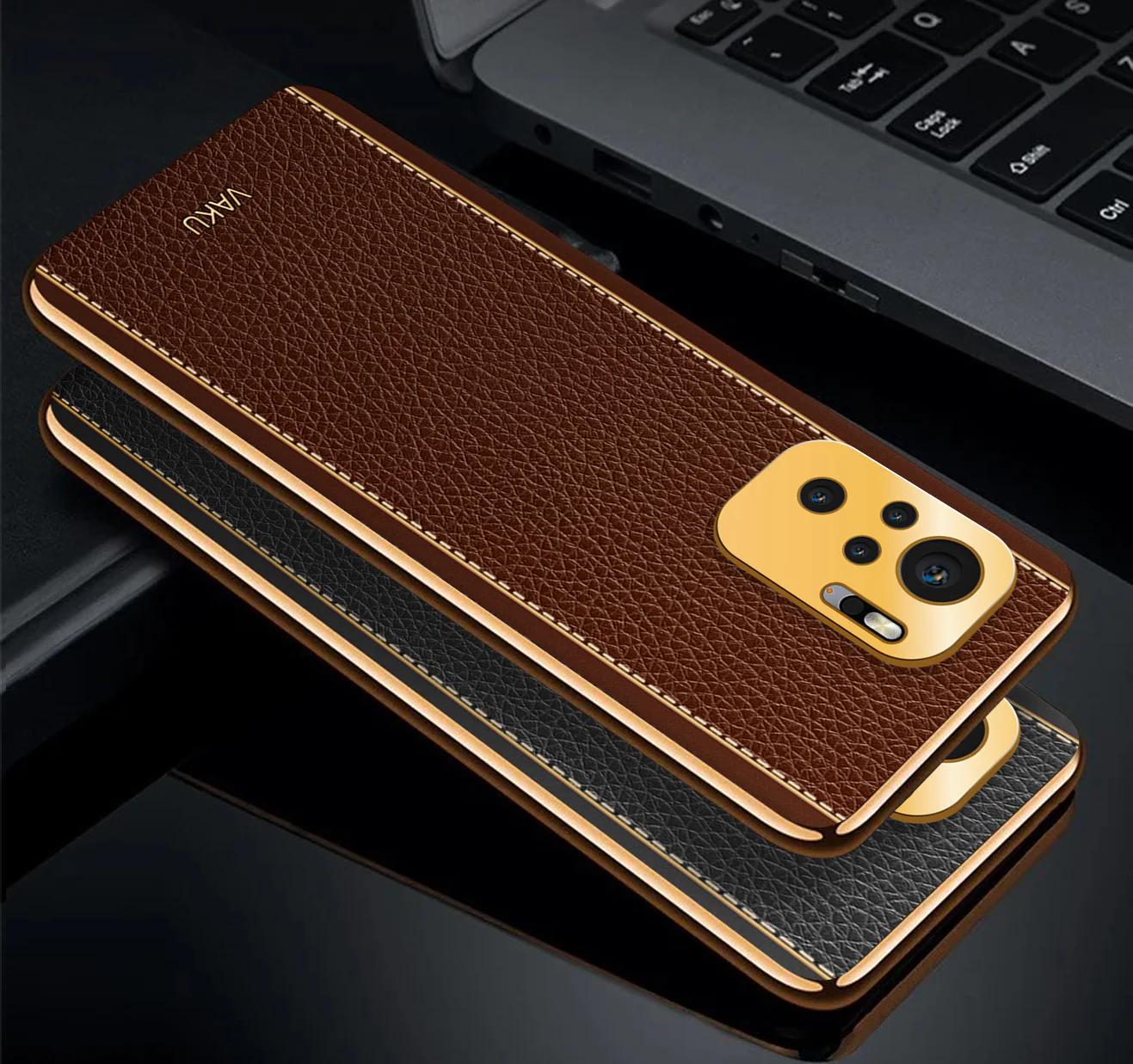 Vaku® Redmi Note 10S Luxemberg Series Leather Stitched Gold Electroplated Soft TPU Back Cover - Image 8