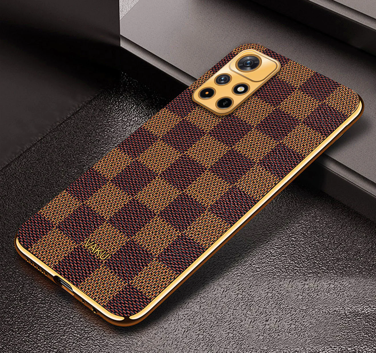 Vaku® Redmi Note 11T 5G Cheron Series Leather Stitched Gold Electroplated Soft TPU Back Cover - Image 3