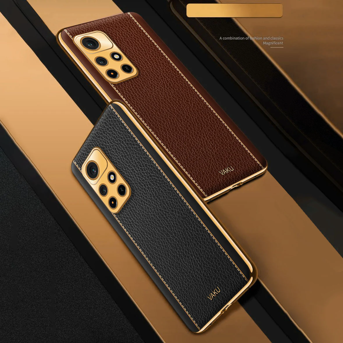 Vaku® Redmi Note 11T 5G Luxemberg Series Leather Stitched Gold Electroplated Soft TPU Back Cover - Image 10