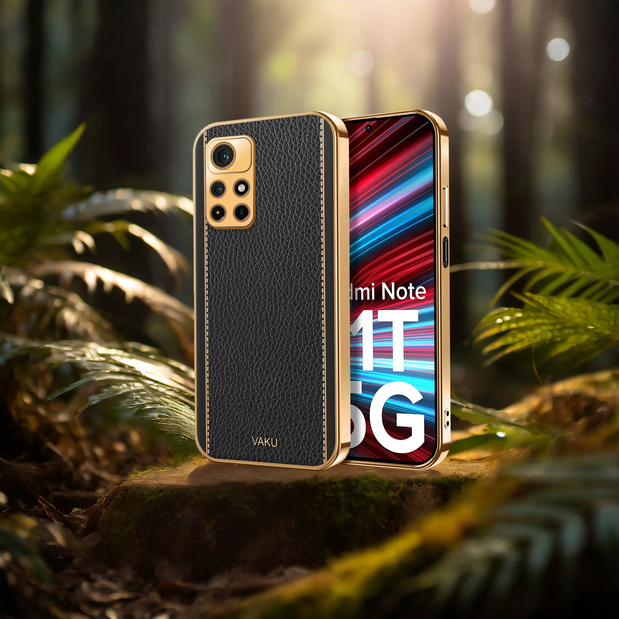 Vaku® Redmi Note 11T 5G Luxemberg Series Leather Stitched Gold Electroplated Soft TPU Back Cover - Image 12