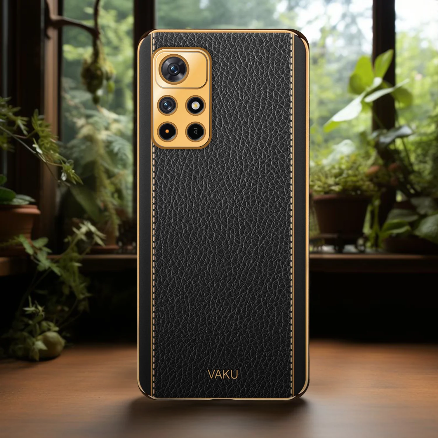 Vaku® Redmi Note 11T 5G Luxemberg Series Leather Stitched Gold Electroplated Soft TPU Back Cover - Image 13