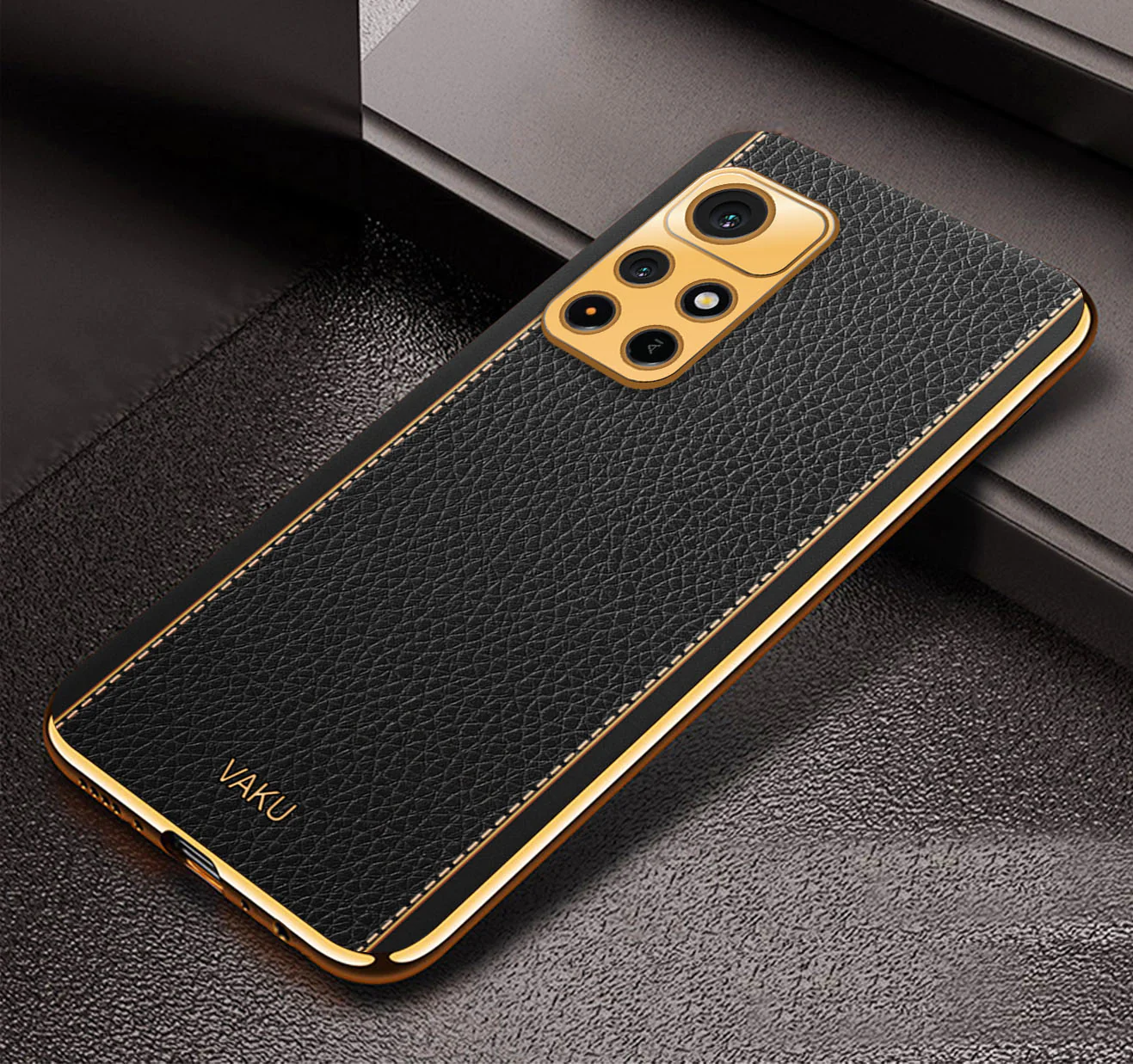 Vaku® Redmi Note 11T 5G Luxemberg Series Leather Stitched Gold Electroplated Soft TPU Back Cover - Image 16