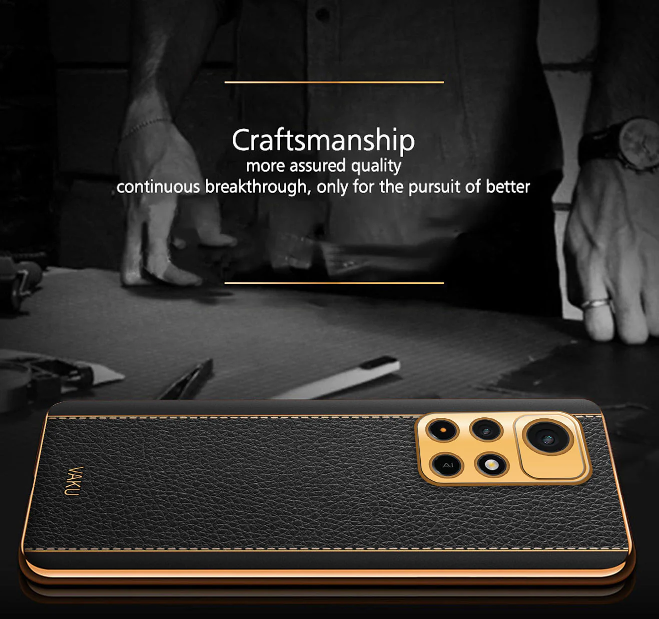 Vaku® Redmi Note 11T 5G Luxemberg Series Leather Stitched Gold Electroplated Soft TPU Back Cover - Image 3