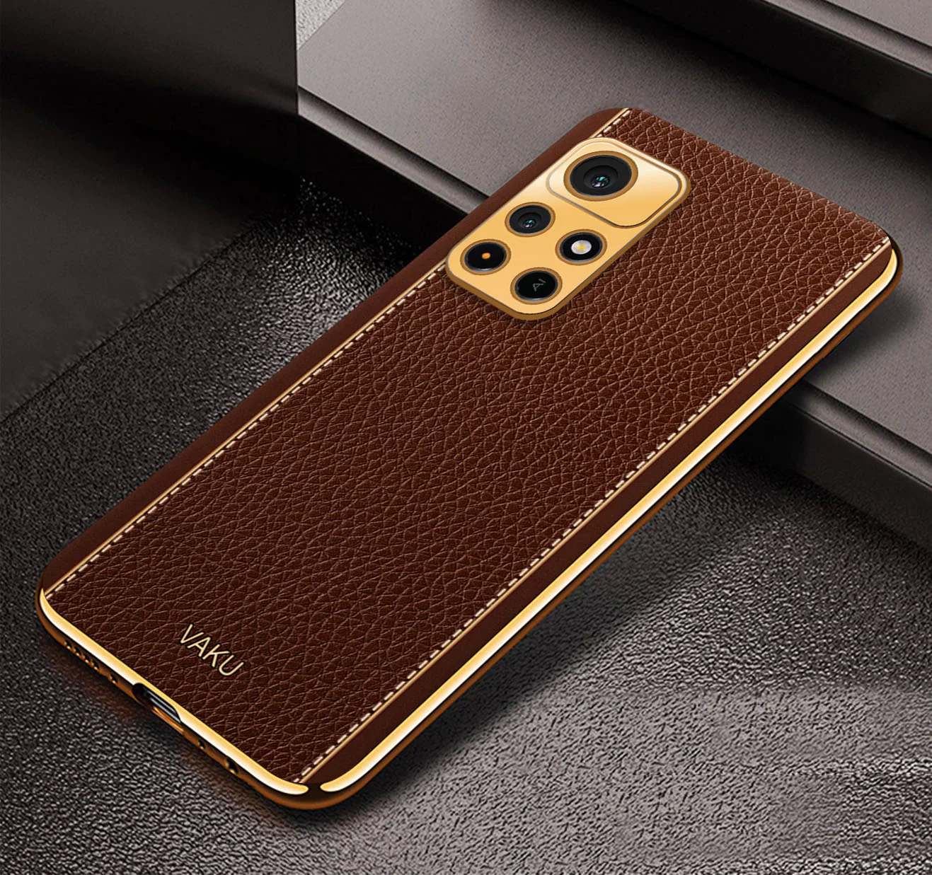 Vaku® Redmi Note 11T 5G Luxemberg Series Leather Stitched Gold Electroplated Soft TPU Back Cover - Image 9