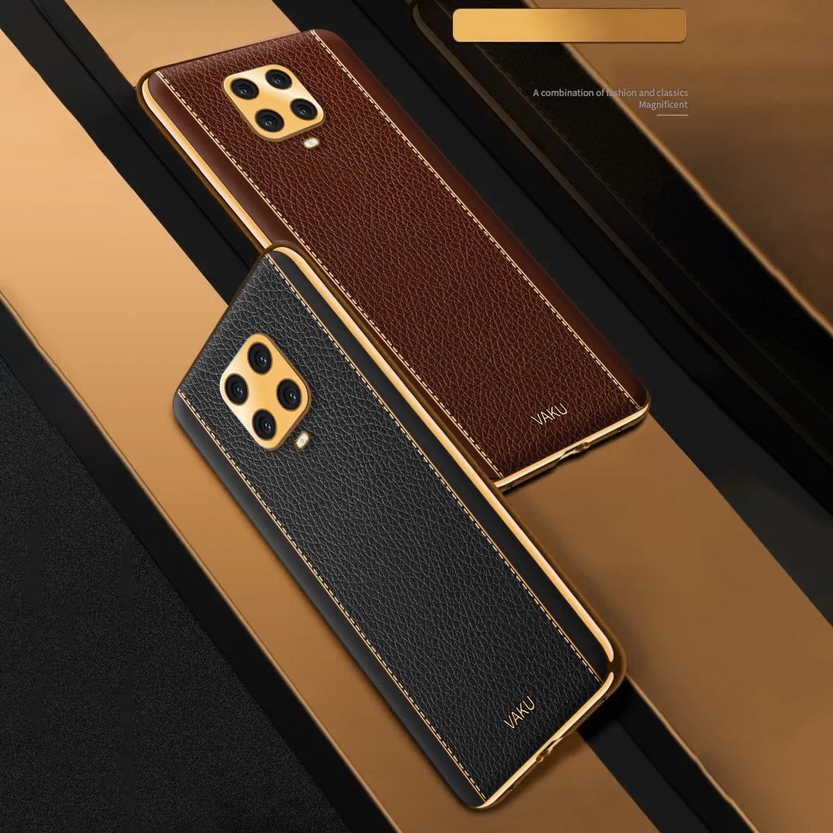 Vaku® Redmi Note 9 Pro Max Luxemberg Series Leather Stitched Gold Electroplated Soft TPU Back Cover - Image 10