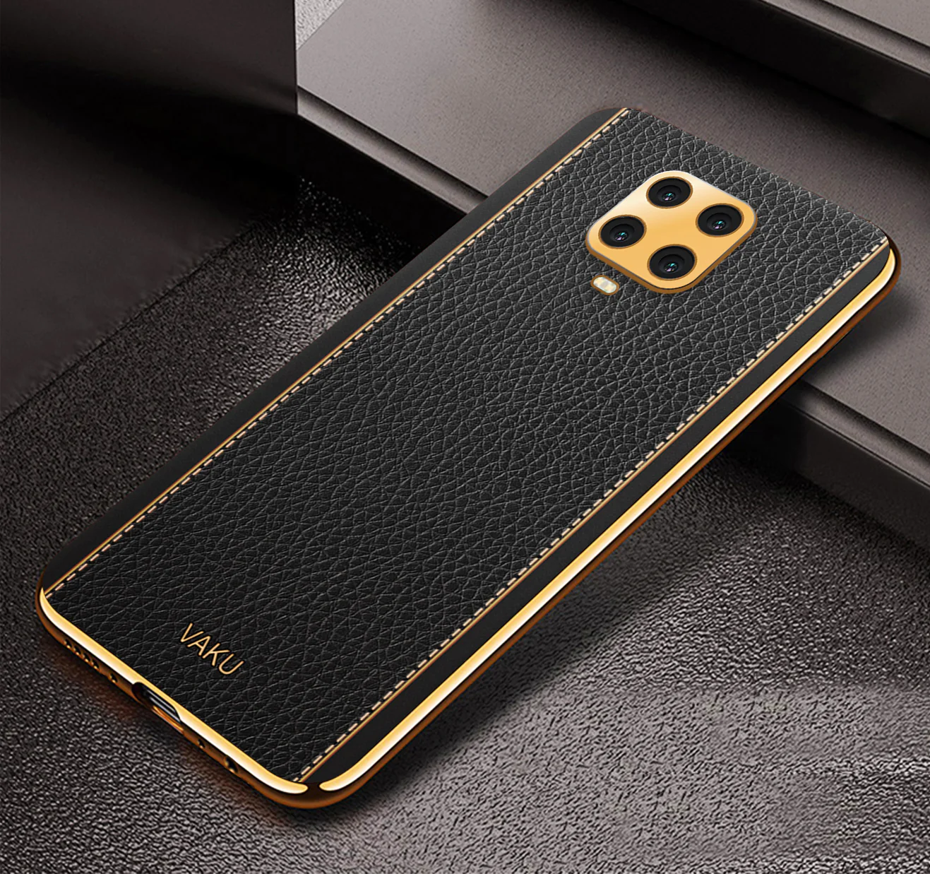Vaku® Redmi Note 9 Pro Max Luxemberg Series Leather Stitched Gold Electroplated Soft TPU Back Cover - Image 13