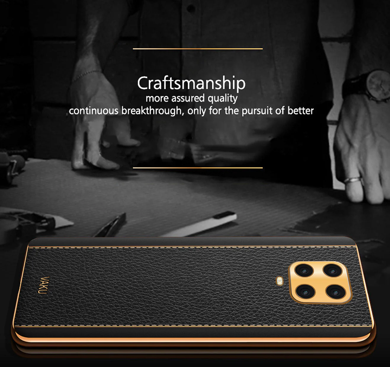 Vaku® Redmi Note 9 Pro Max Luxemberg Series Leather Stitched Gold Electroplated Soft TPU Back Cover - Image 3