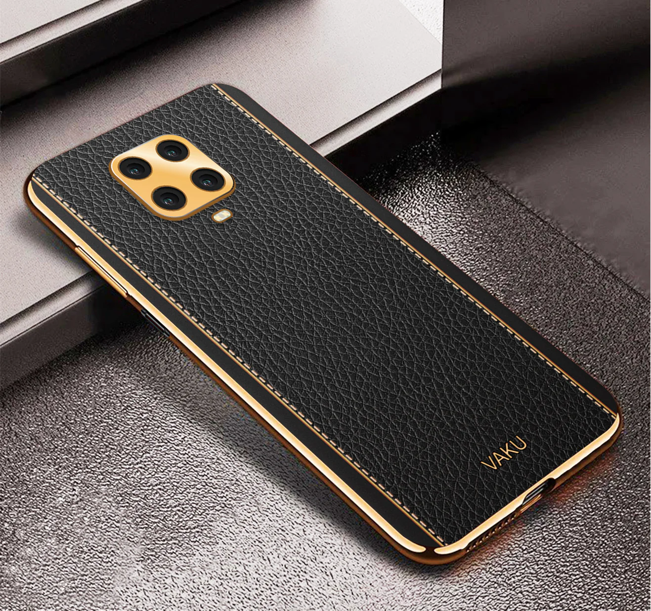 Vaku® Redmi Note 9 Pro Max Luxemberg Series Leather Stitched Gold Electroplated Soft TPU Back Cover - Image 4