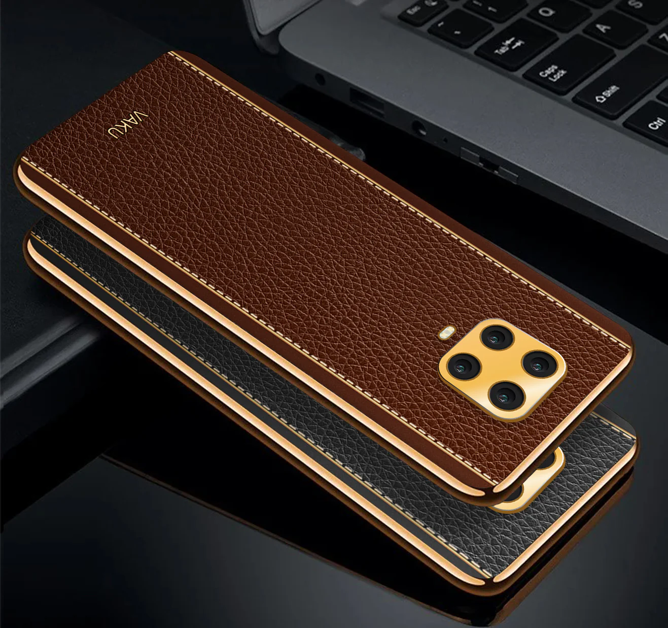 Vaku® Redmi Note 9 Pro Max Luxemberg Series Leather Stitched Gold Electroplated Soft TPU Back Cover - Image 6