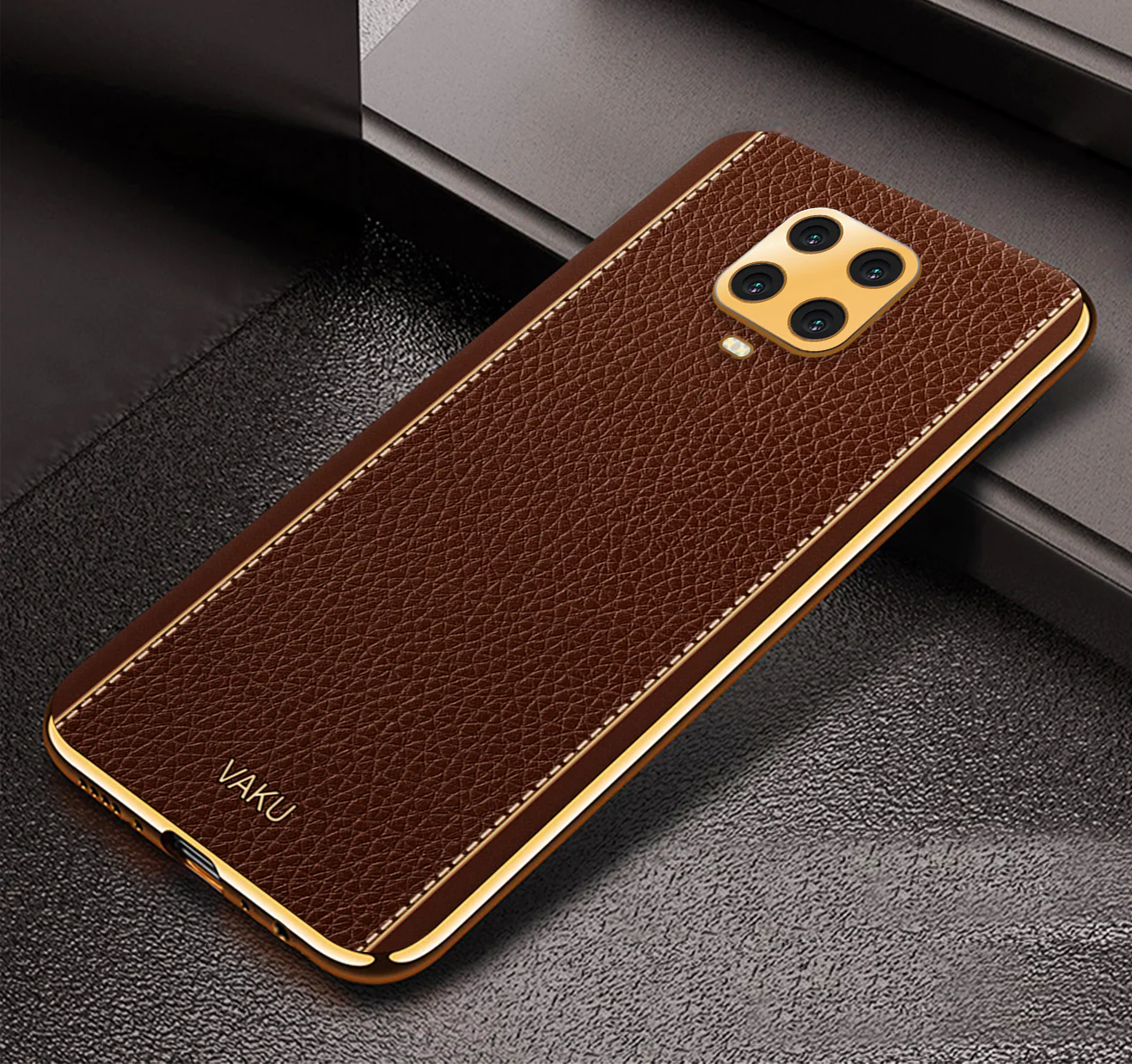 Vaku® Redmi Note 9 Pro Max Luxemberg Series Leather Stitched Gold Electroplated Soft TPU Back Cover - Image 9