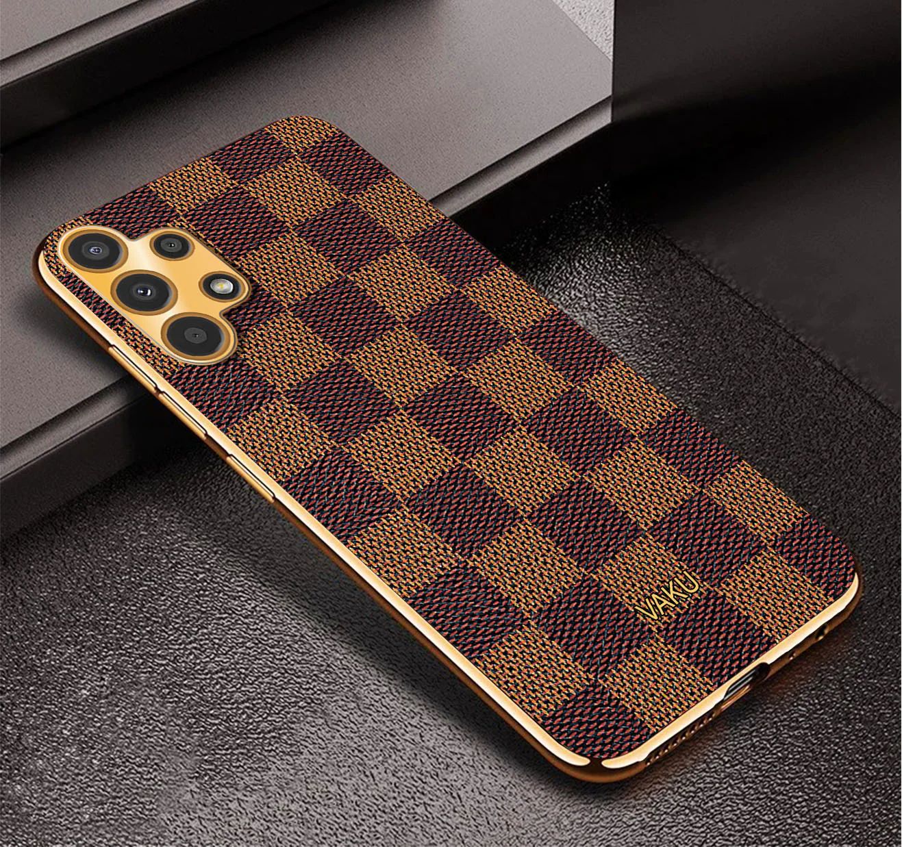 Vaku® Samsung Galaxy A13 Cheron Series Leather Stitched Gold Electroplated Soft TPU Back Cover - Image 3