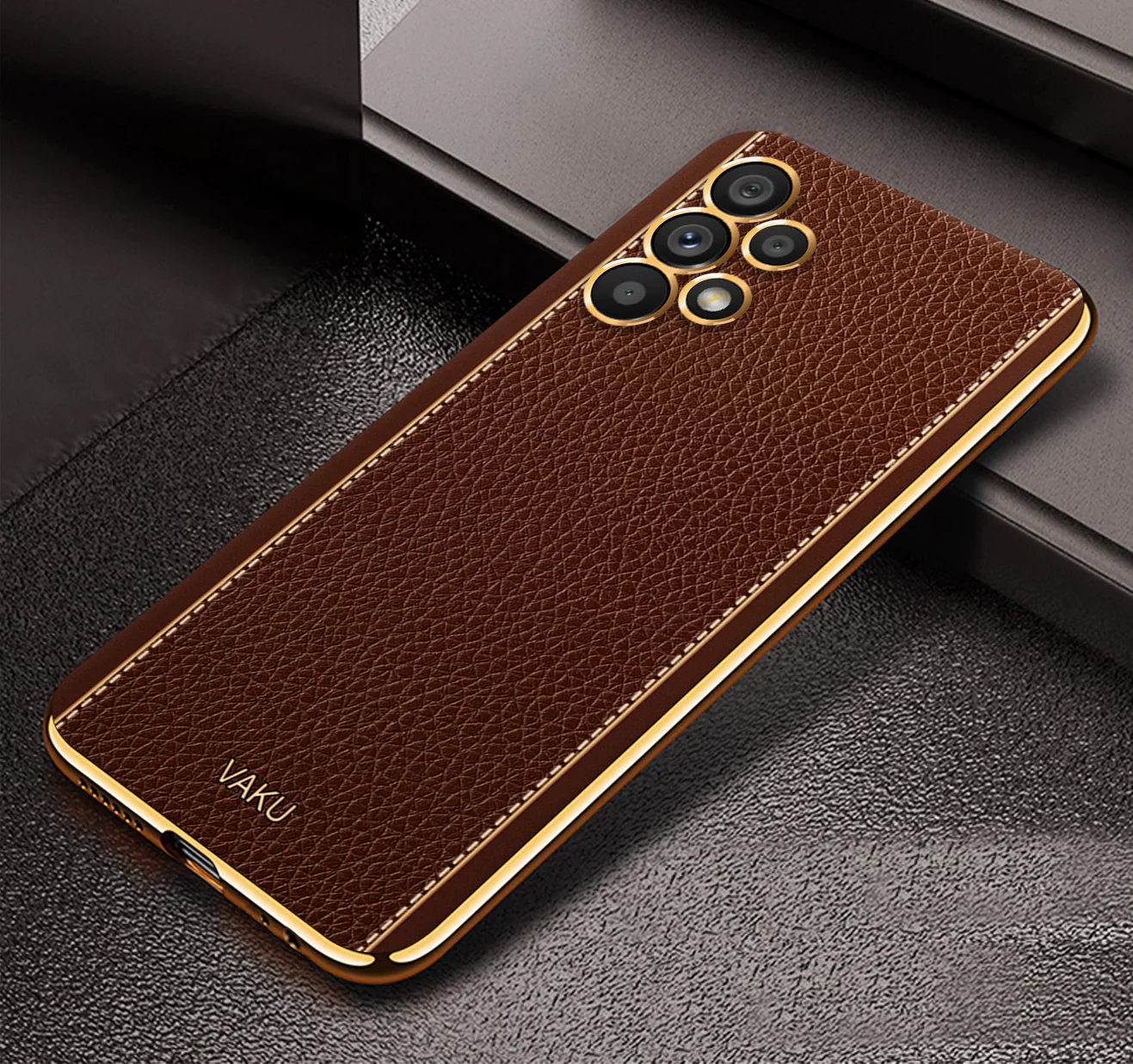 Vaku® Samsung Galaxy A13 Luxemberg Leather Stitched Gold Electroplated Soft TPU Back Cover - Image 10