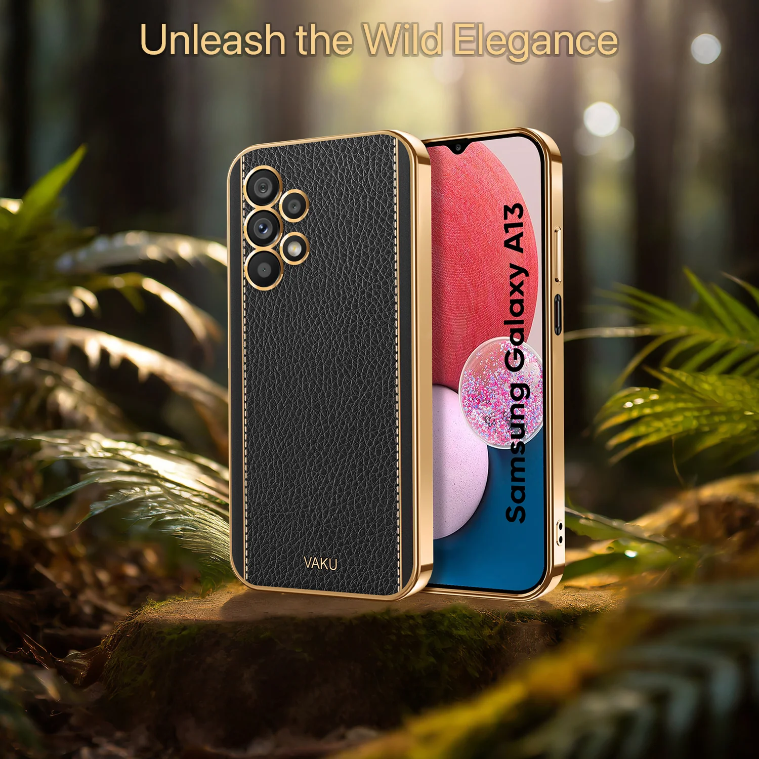 Vaku® Samsung Galaxy A13 Luxemberg Leather Stitched Gold Electroplated Soft TPU Back Cover - Image 12