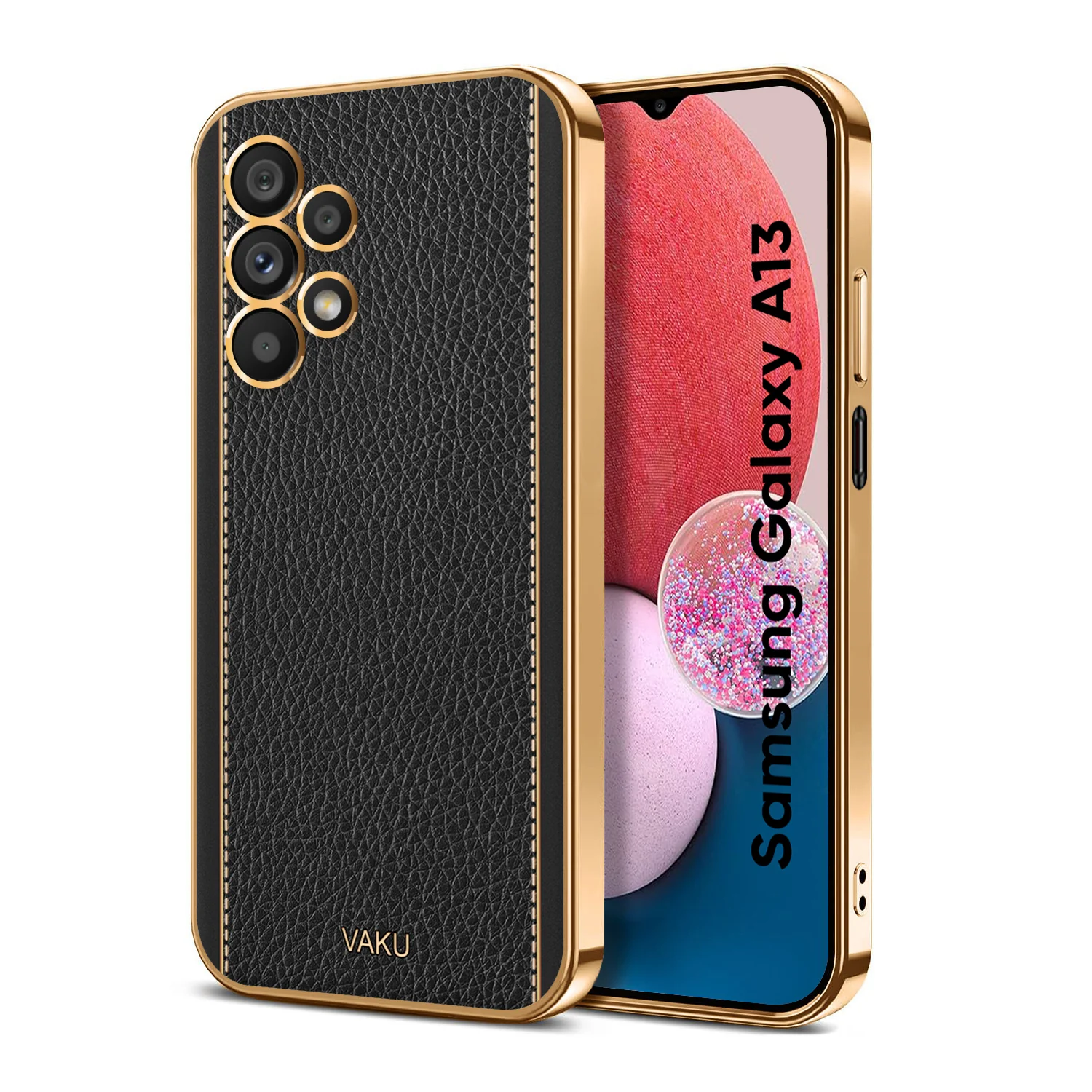 Vaku® Samsung Galaxy A13 Luxemberg Leather Stitched Gold Electroplated Soft TPU Back Cover - Image 4