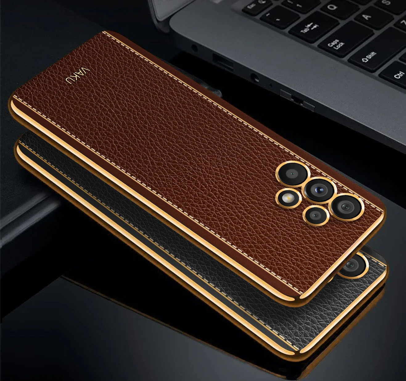 Vaku® Samsung Galaxy A13 Luxemberg Leather Stitched Gold Electroplated Soft TPU Back Cover - Image 6