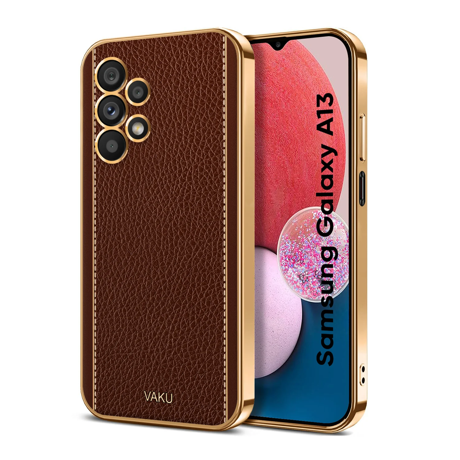 Vaku® Samsung Galaxy A13 Luxemberg Leather Stitched Gold Electroplated Soft TPU Back Cover - Image 8