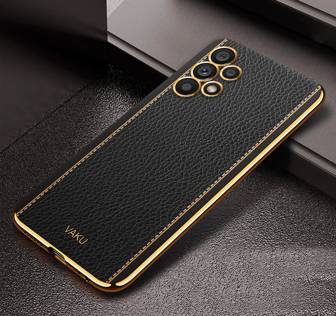 Vaku® Samsung Galaxy A13 Luxemberg Leather Stitched Gold Electroplated Soft TPU Back Cover - Image 9