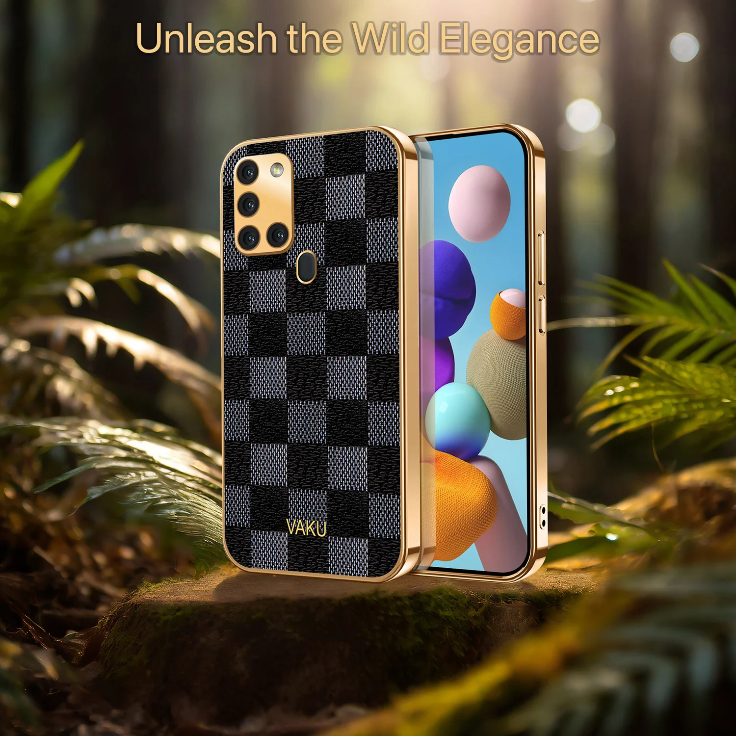Vaku® Samsung Galaxy A21s Cheron Series Leather Stitched Gold Electroplated Soft TPU Back Cover - Image 5
