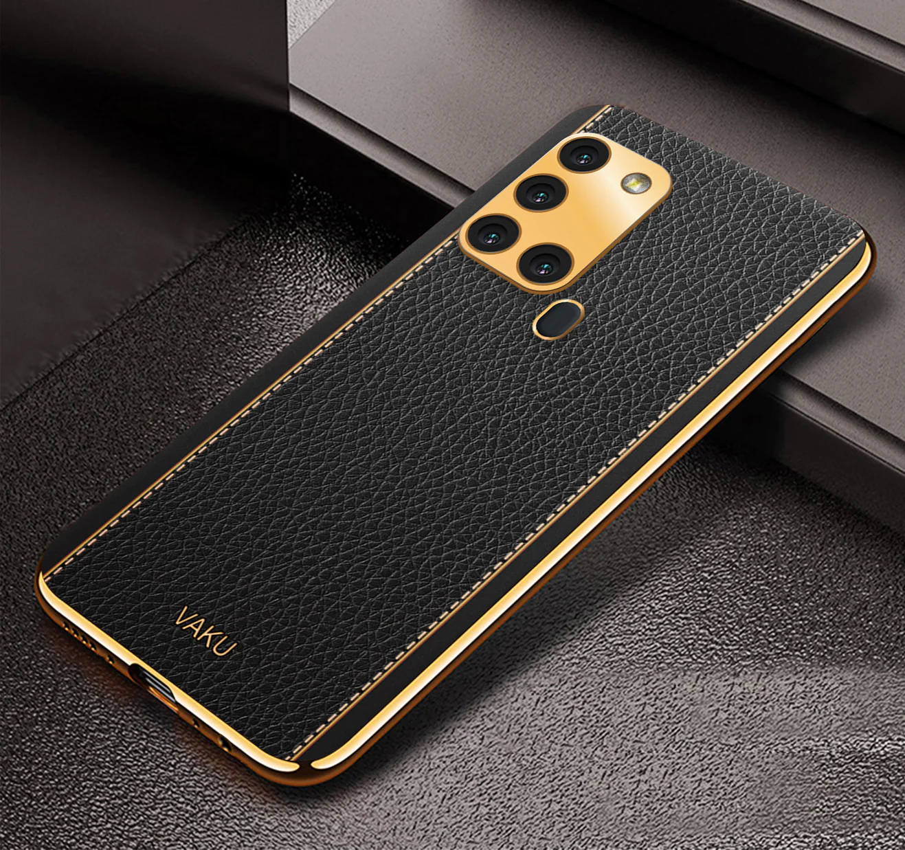 Vaku® Samsung Galaxy A21s Luxemberg Leather Stitched Gold Electroplated Soft TPU Back Cover - Image 13