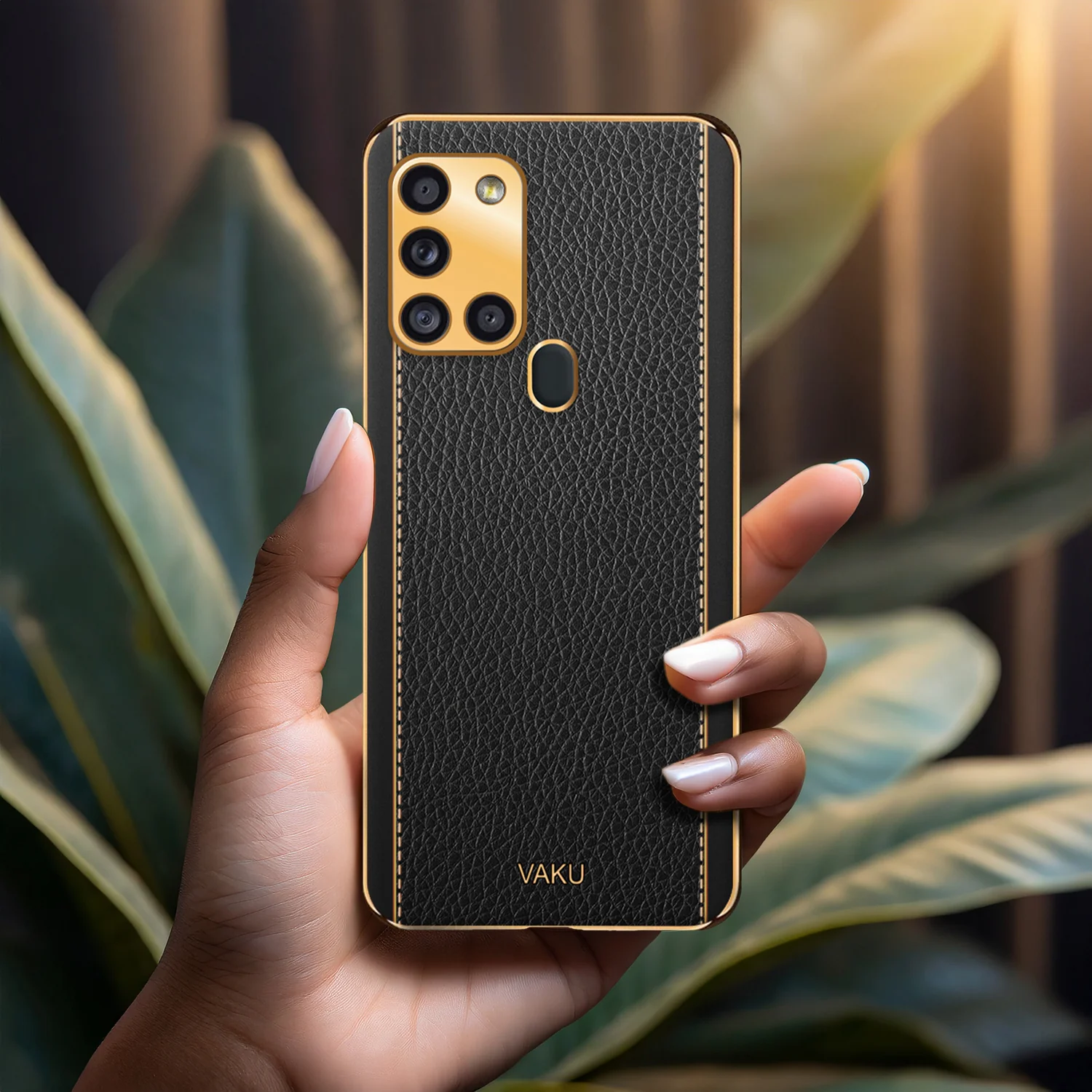 Vaku® Samsung Galaxy A21s Luxemberg Leather Stitched Gold Electroplated Soft TPU Back Cover - Image 14