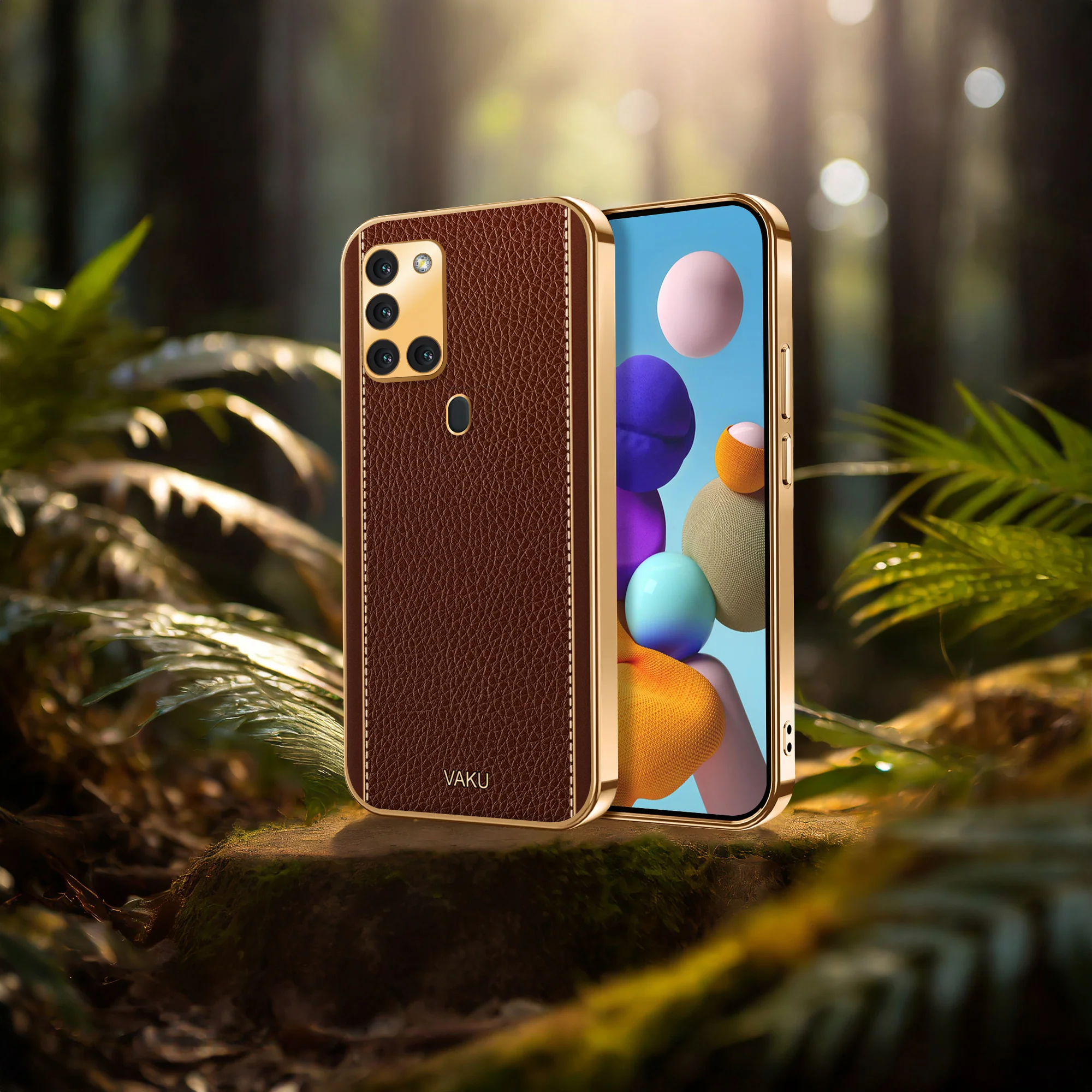 Vaku® Samsung Galaxy A21s Luxemberg Leather Stitched Gold Electroplated Soft TPU Back Cover - Image 16