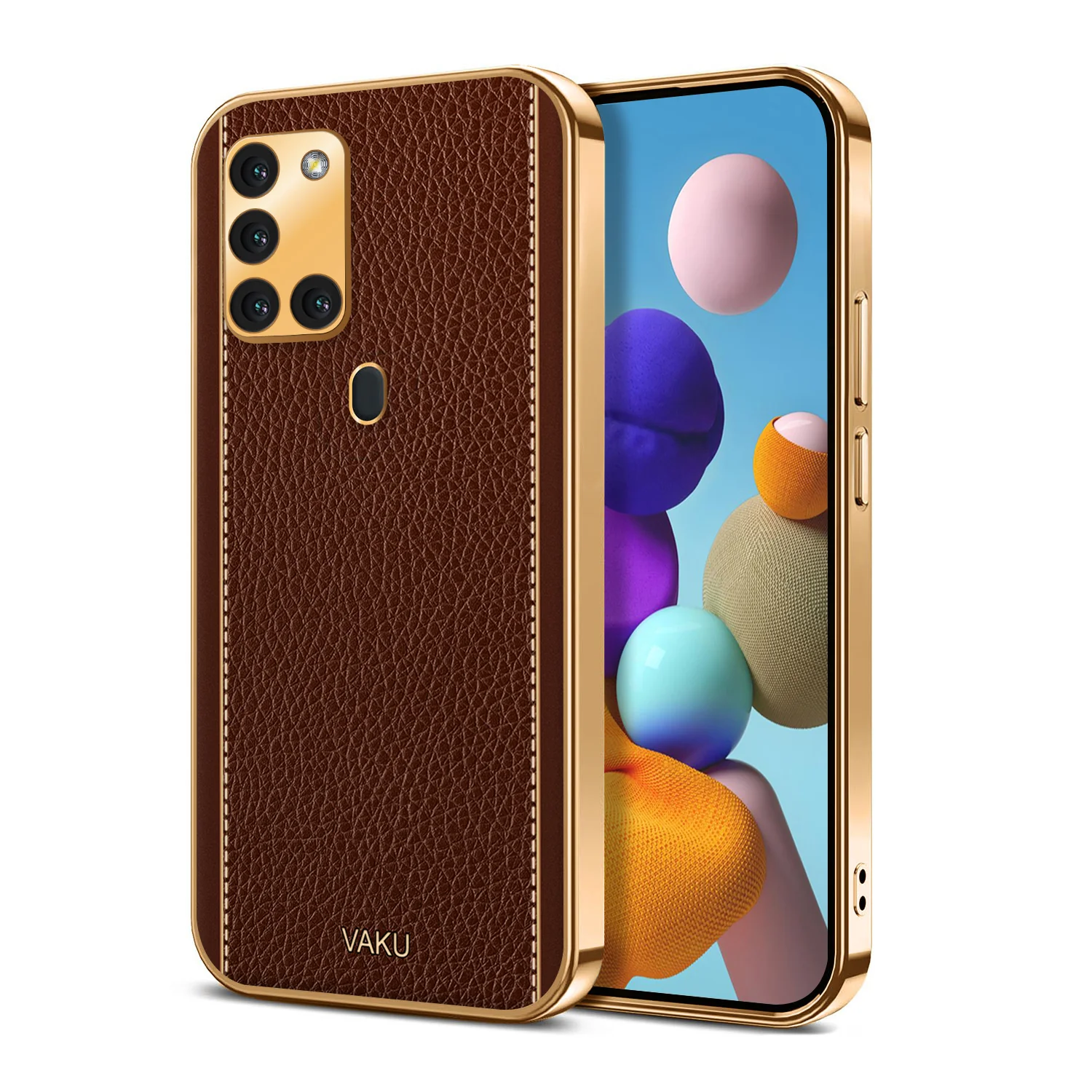 Vaku® Samsung Galaxy A21s Luxemberg Leather Stitched Gold Electroplated Soft TPU Back Cover - Image 5