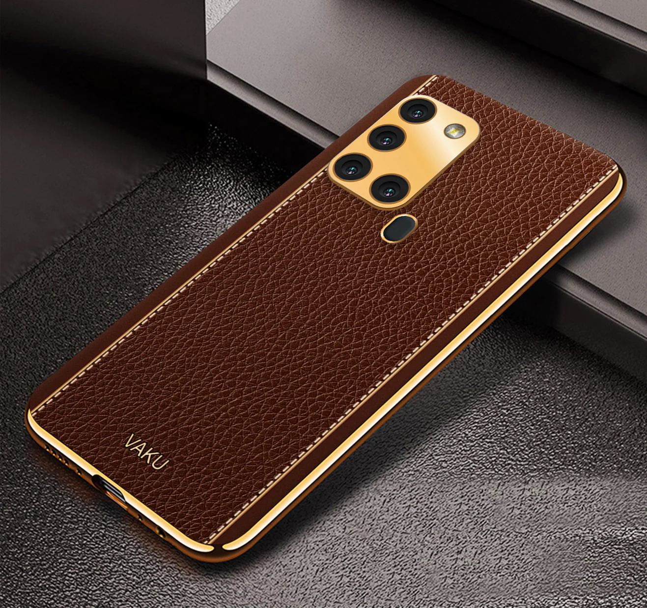 Vaku® Samsung Galaxy A21s Luxemberg Leather Stitched Gold Electroplated Soft TPU Back Cover - Image 9