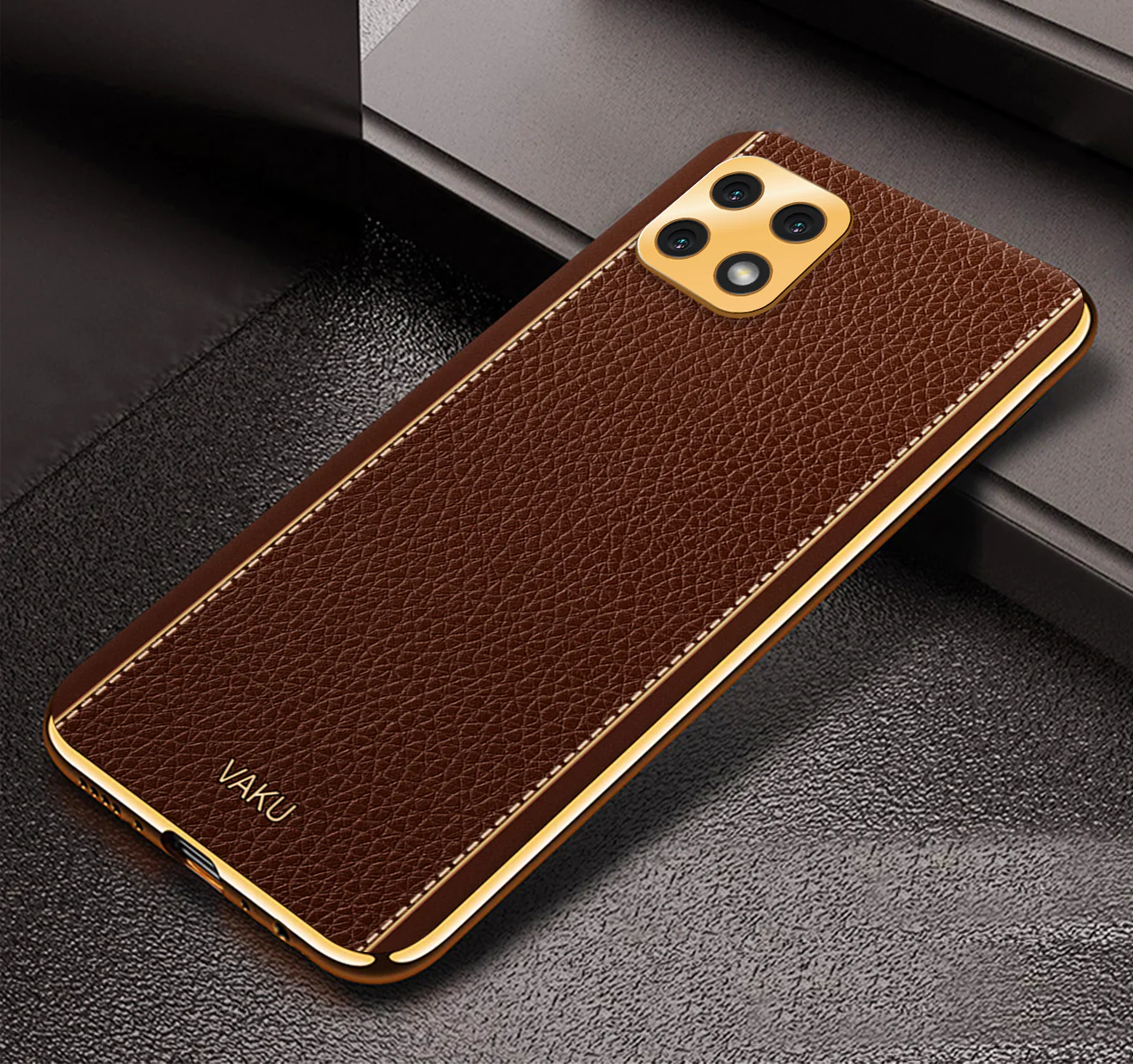 Vaku® Samsung Galaxy A22 5G Luxemberg Series Leather Stitched Gold Electroplated Soft TPU Back Cover - Image 11