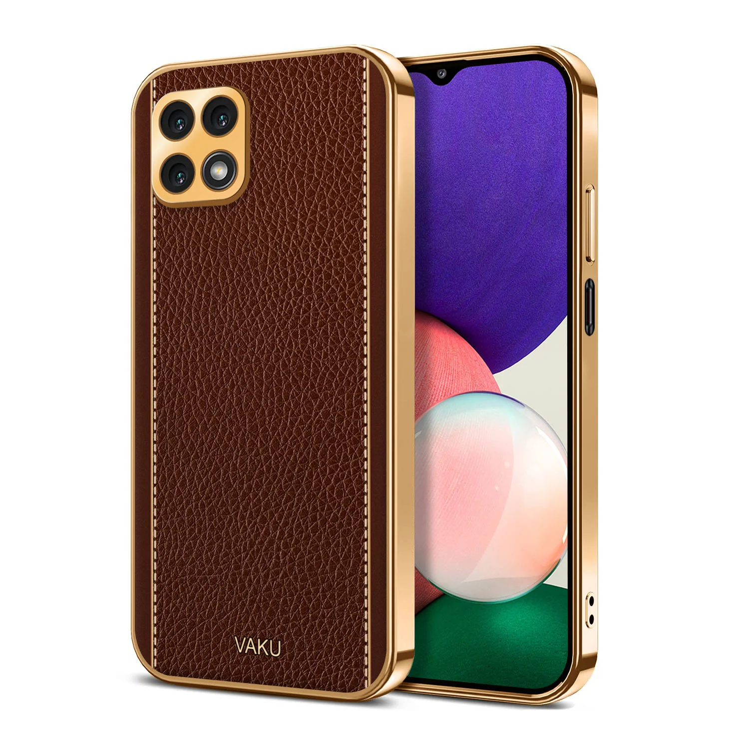 Vaku® Samsung Galaxy A22 5G Luxemberg Series Leather Stitched Gold Electroplated Soft TPU Back Cover - Image 13