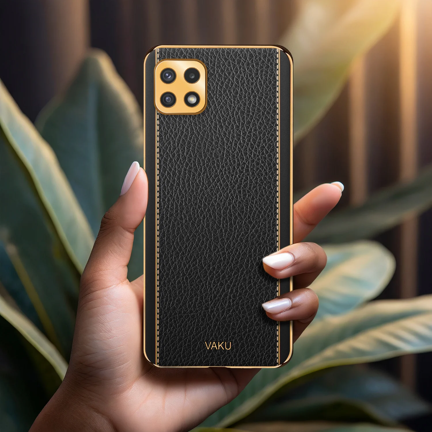 Vaku® Samsung Galaxy A22 5G Luxemberg Series Leather Stitched Gold Electroplated Soft TPU Back Cover - Image 14