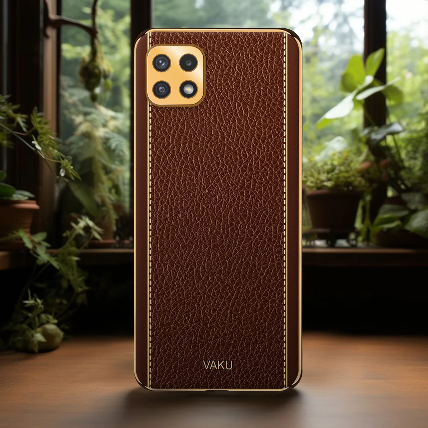 Vaku® Samsung Galaxy A22 5G Luxemberg Series Leather Stitched Gold Electroplated Soft TPU Back Cover - Image 16