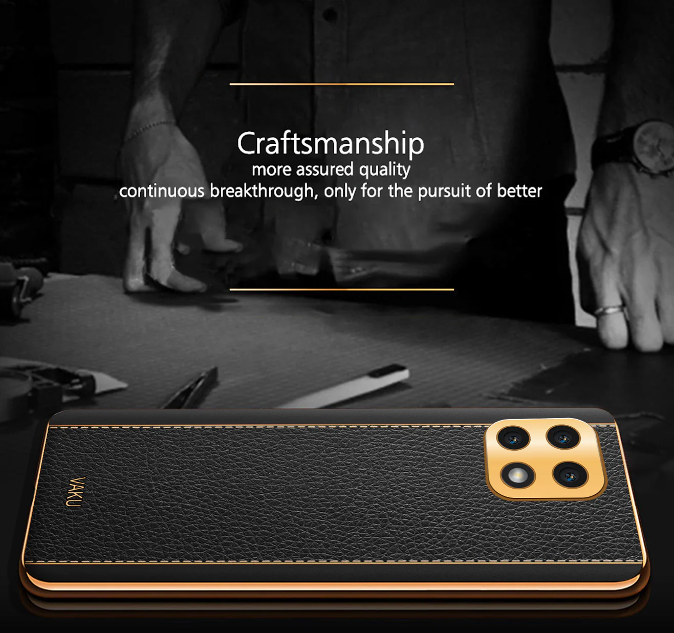 Vaku® Samsung Galaxy A22 5G Luxemberg Series Leather Stitched Gold Electroplated Soft TPU Back Cover - Image 3