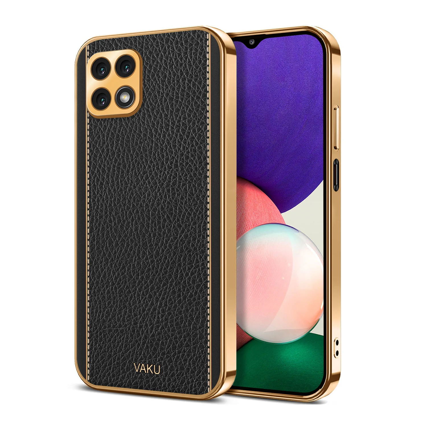 Vaku® Samsung Galaxy A22 5G Luxemberg Series Leather Stitched Gold Electroplated Soft TPU Back Cover - Image 5