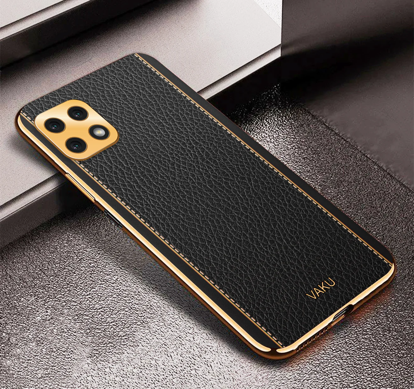 Vaku® Samsung Galaxy A22 5G Luxemberg Series Leather Stitched Gold Electroplated Soft TPU Back Cover - Image 6