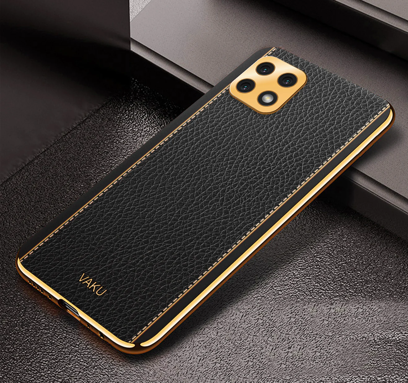Vaku® Samsung Galaxy A22 5G Luxemberg Series Leather Stitched Gold Electroplated Soft TPU Back Cover - Image 8